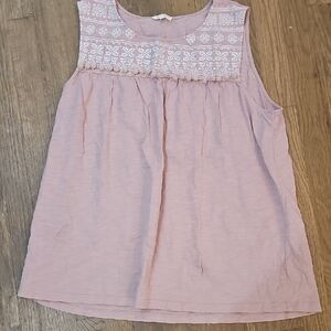 Pink Sleeveless Top w Embroidery And Poms Boho Bohemian Rich Sz L California Af